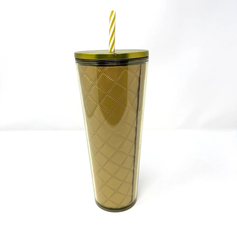 Starbucks Gold Quilted Cold Cup Tumbler 24 oz Reusable Straw Lid Chip‎